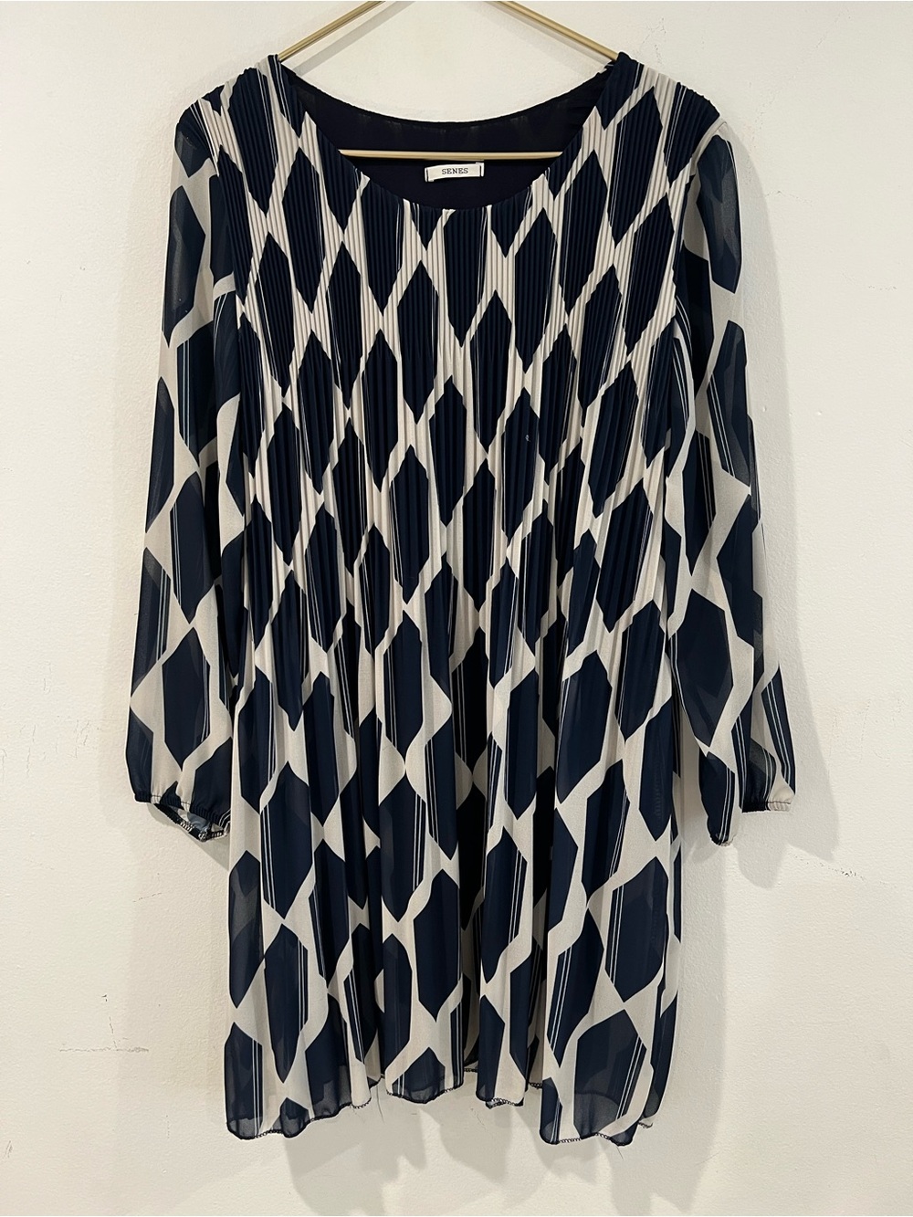 SENES Navy and White Geometric Pleated Women's Dress  made in Italy M